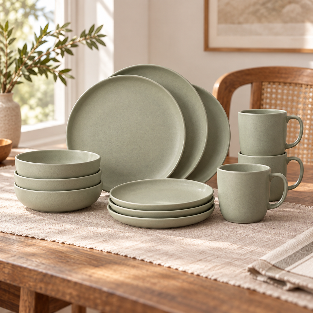 Sage green stoneware plates, bowls and mugs arranged on a dining table