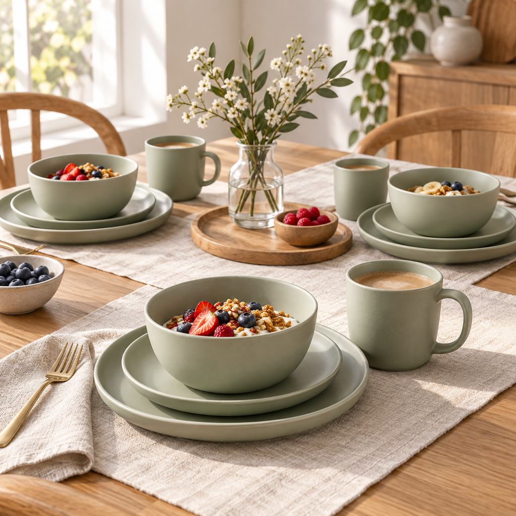 Sage green dinnerware styled as individual table place settings