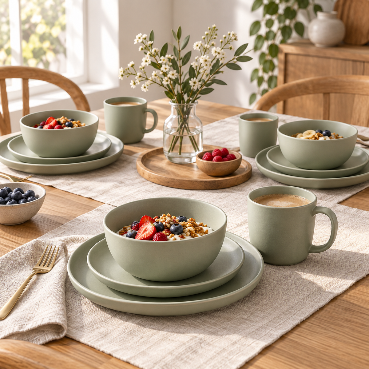 Sage green dinnerware styled as individual table place settings