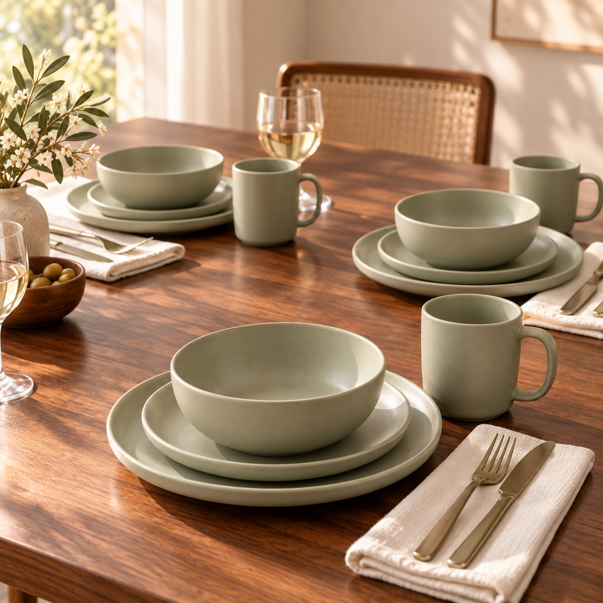 Sage bowl and plates beside folded table linens