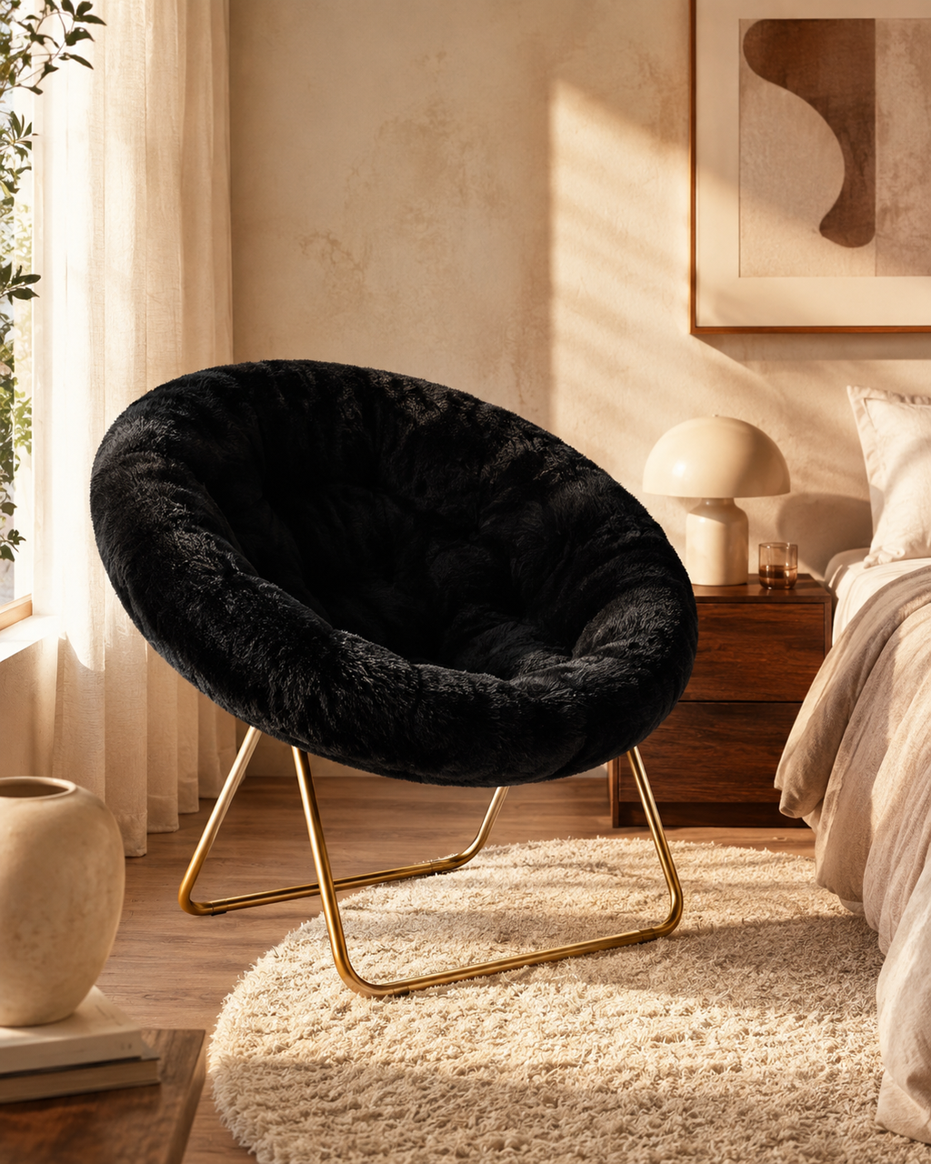 A modern black faux-fur lounge chair with a gold metal frame, styled in a warm, sunlit bedroom setting next to a bed and wooden nightstand.
