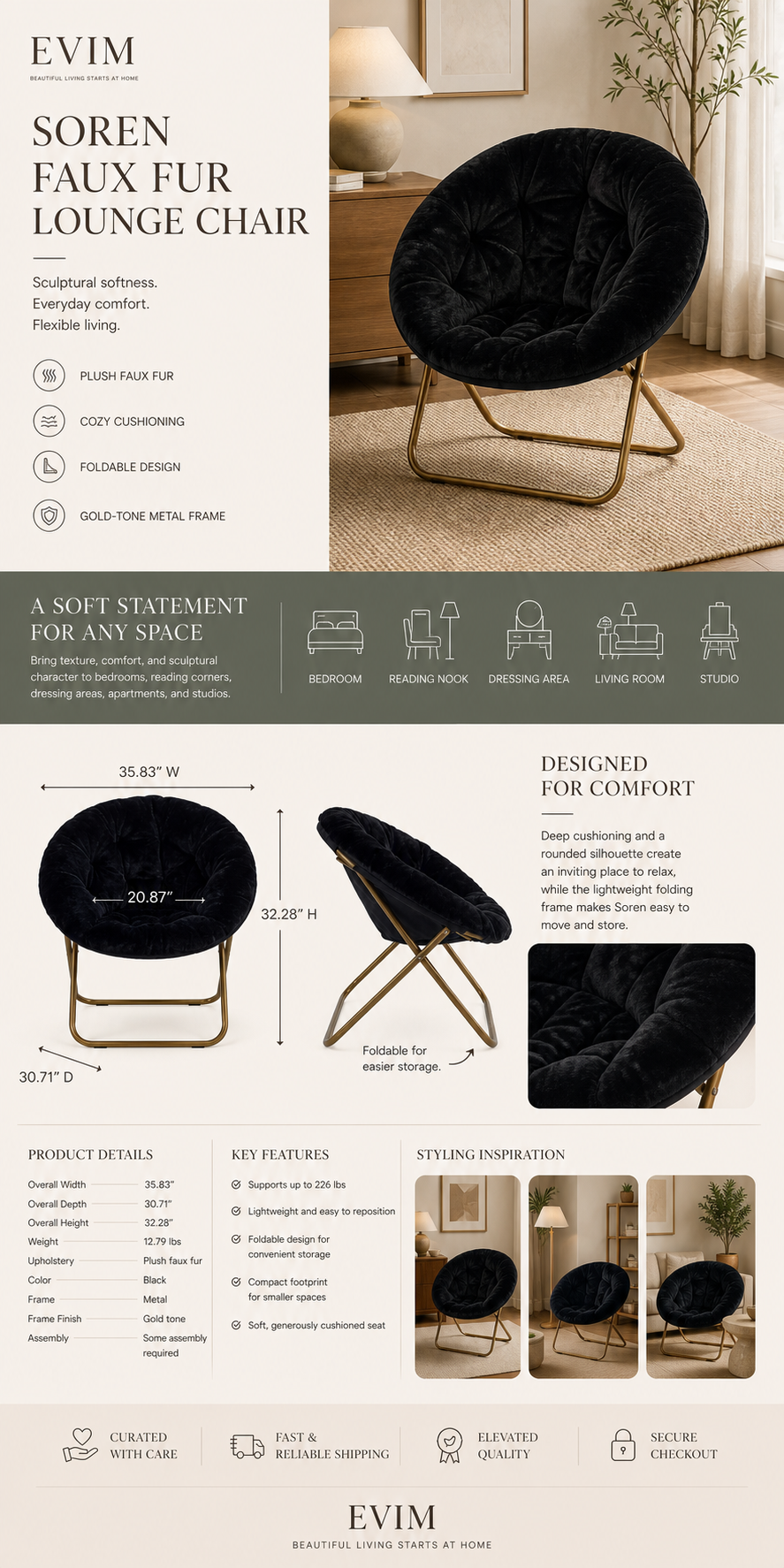 Soren Faux Fur Lounge Chair in black with a gold-tone folding metal frame, shown with dimensions, product features, specifications, and styling inspiration.