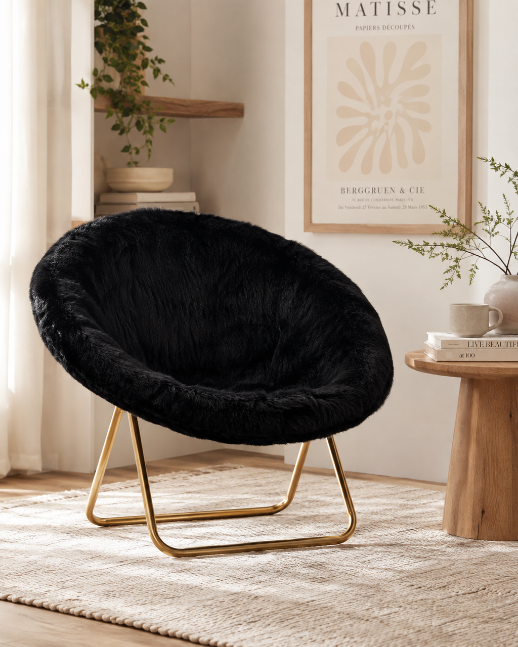 A black faux fur lounge chair with a gold metal frame, styled in a warm, modern living room setting next to a wooden side table and a beige rug.