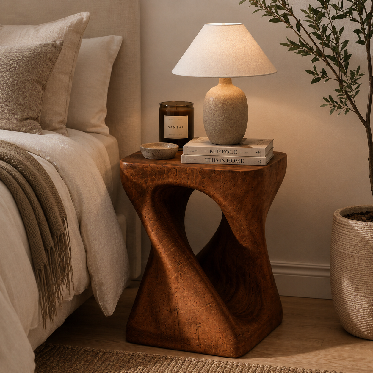 The Sculpt wood accent table styled as a nightstand with a lamp, books, and candle beside a neutral bed.