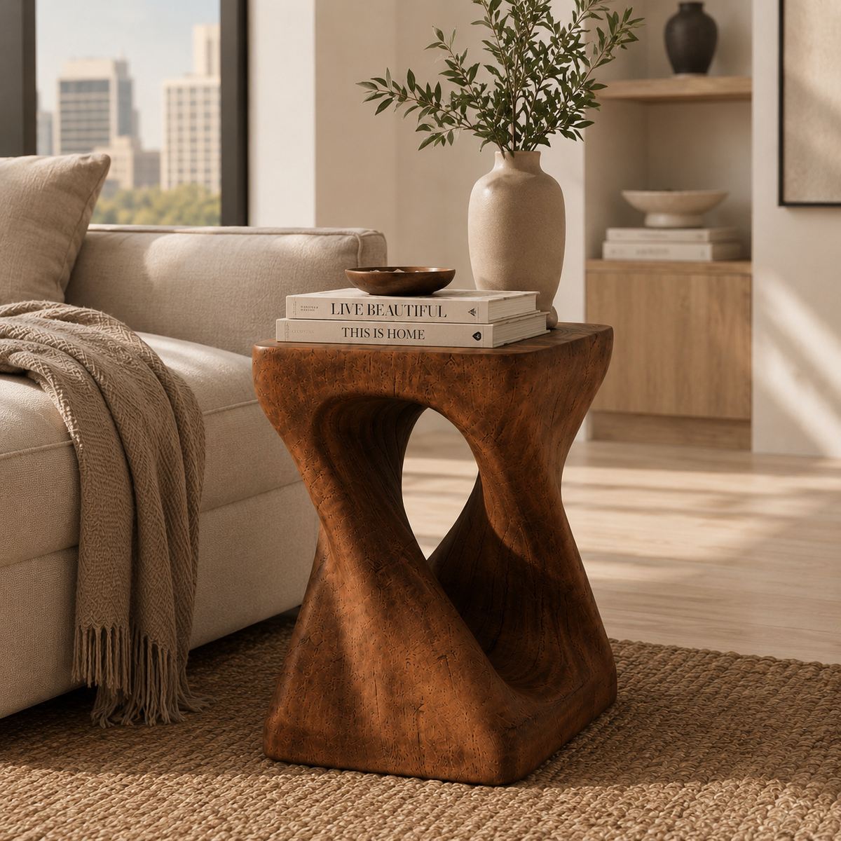 The Sculpt wood accent table styled with books and a ceramic vase beside a neutral living-room sofa.