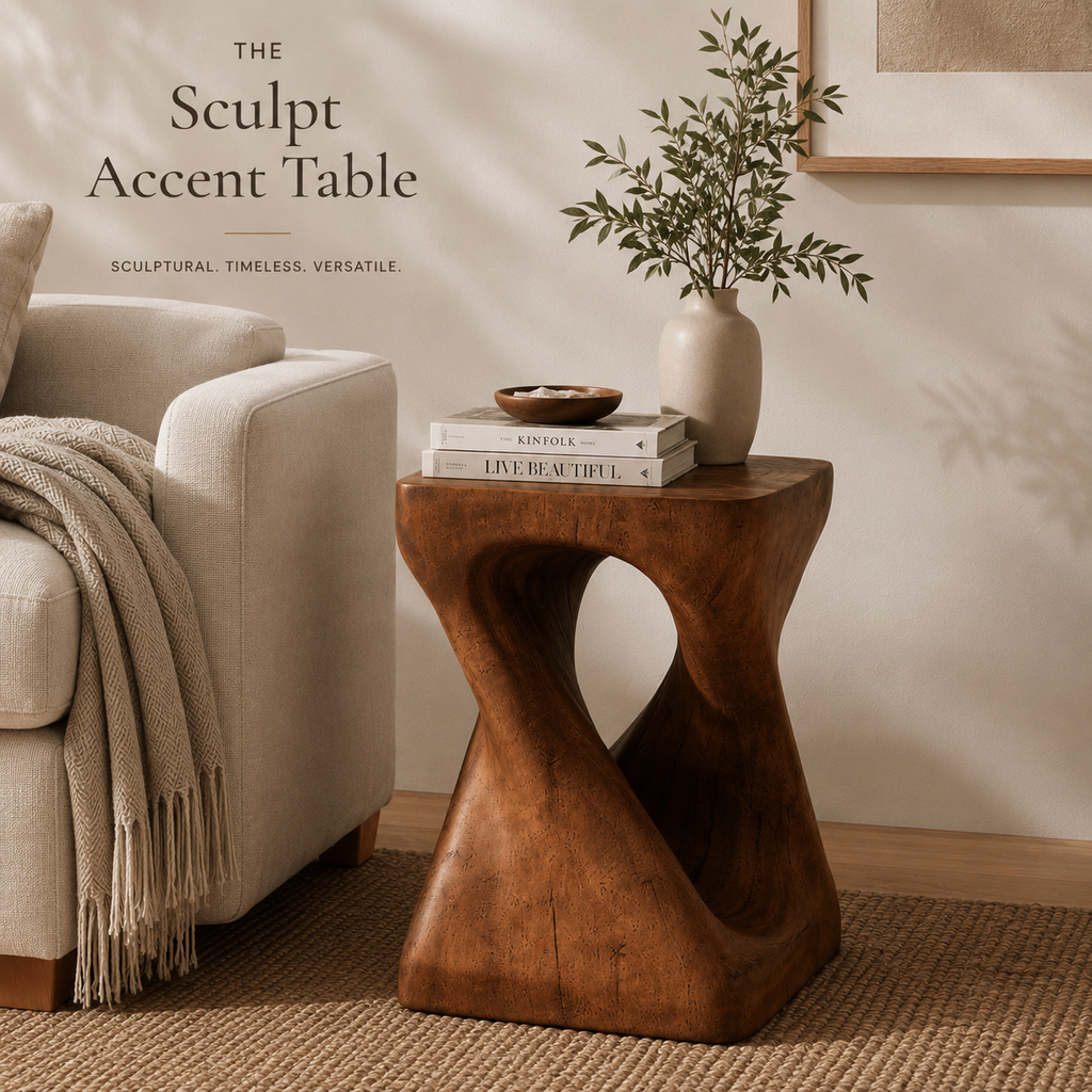 The Sculpt wood accent table styled with books, a bowl, and leafy branches beside a neutral sofa.